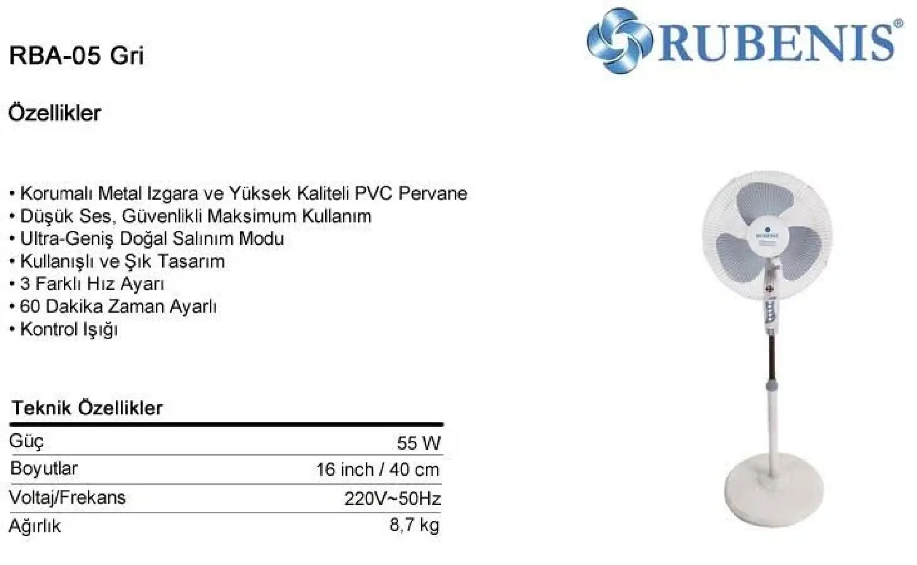 Rubenis RBA-05 Ayaklı Vantilatör