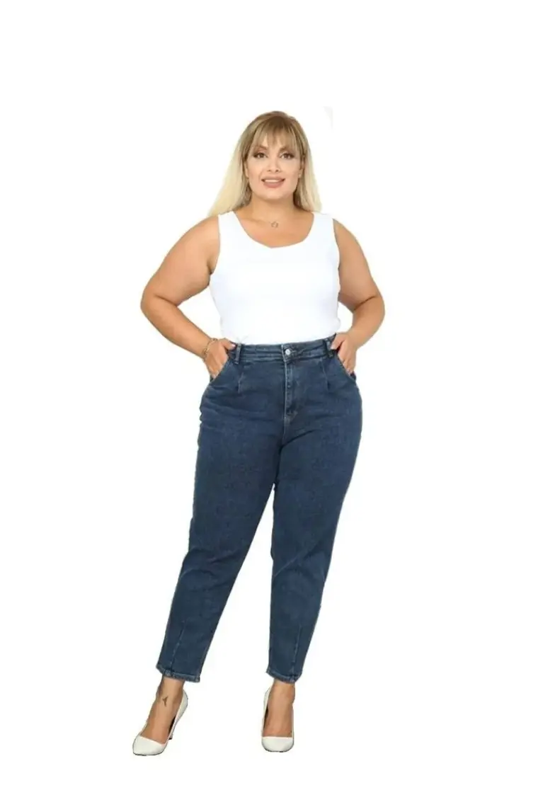 Cedy Denım Kadın Büyük Beden Pileli Mom Jean Pantolon C600