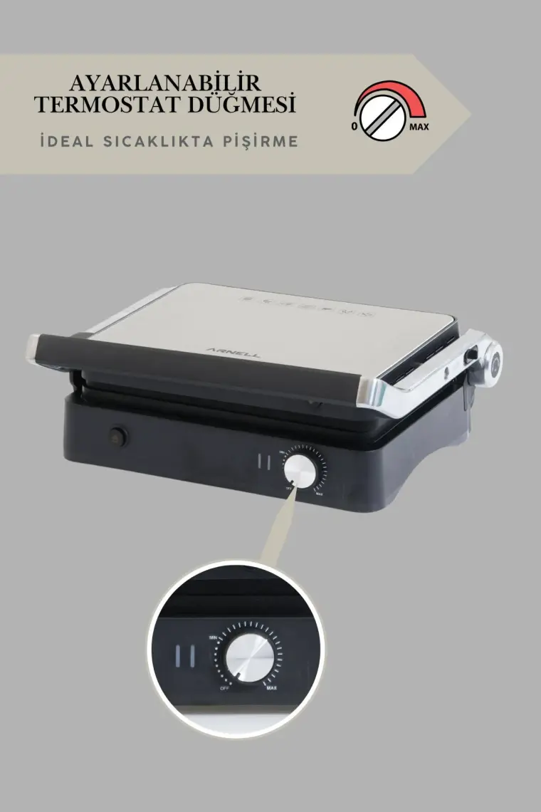 Arnell Primo Tost Makinesi | 2000w Güç | Yapışmaz Plaka | Yağ Hazneli Termostatlı Tost Makinası