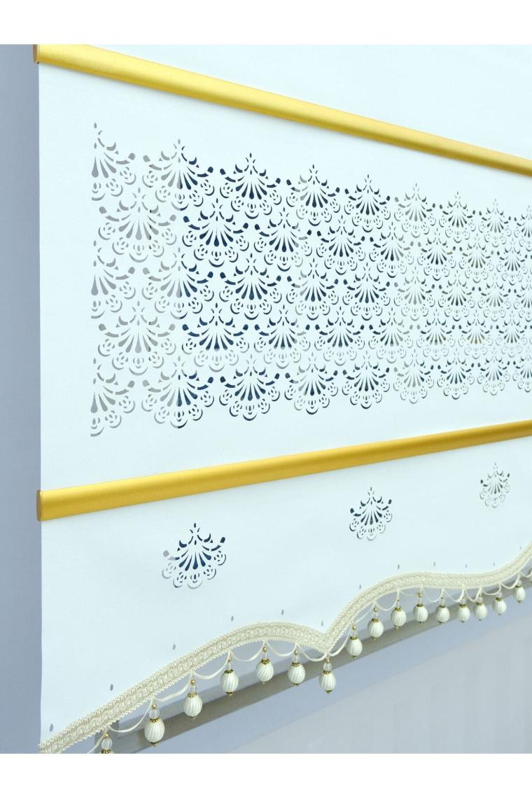 Lazer Kesim Panama Mat Stor Perde - Gold Lama ve Boncuk Detaylı