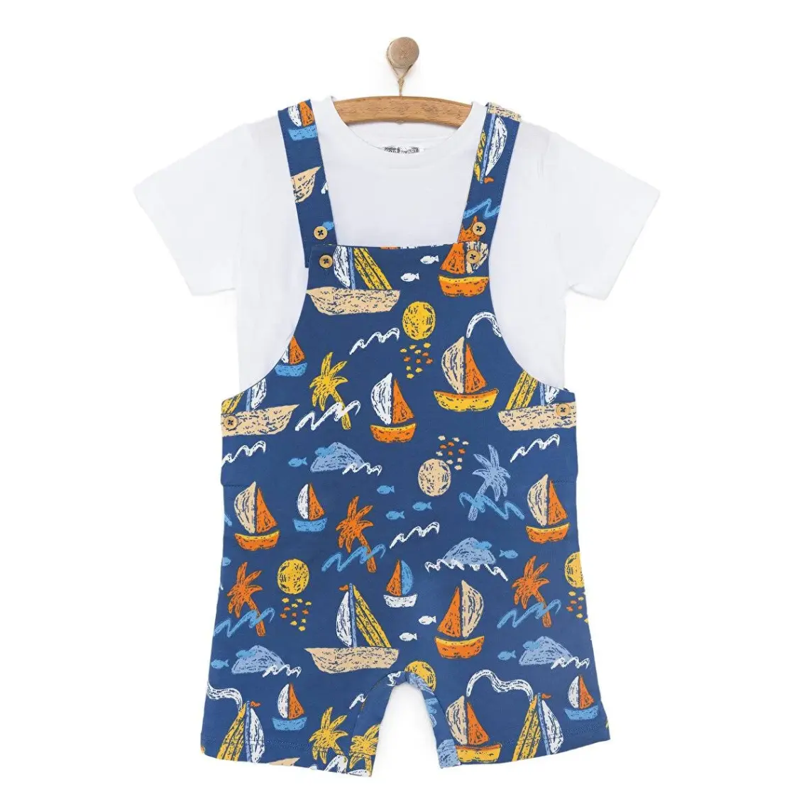 Hellobaby Erkek Bebek Basic Şort Salopet-Tişört 2li Takım Bisiklet Yaka Reçme Paça Kısa Kol Mavi