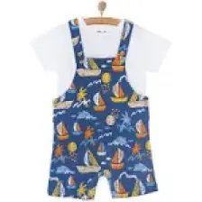 Hellobaby Erkek Bebek Basic Şort Salopet-Tişört 2li Takım Bisiklet Yaka Reçme Paça Kısa Kol Mavi