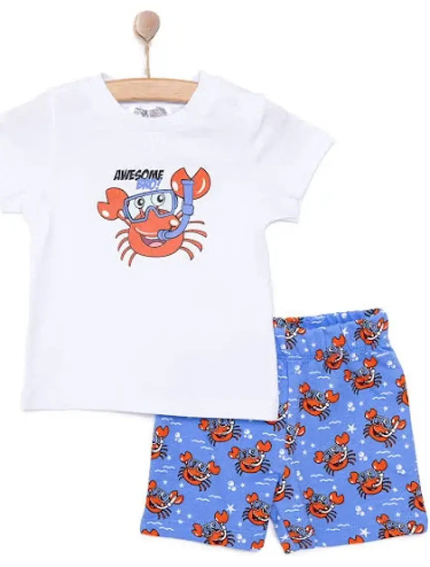Hellobaby Erkek Bebek Basic Tişört-Şort 2li Takım Yengeç Desenli Bisiklet Yaka Reçme Paça Kısa Kol Beyaz