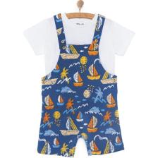 Hellobaby Erkek Bebek Basic Şort Salopet-Tişört 2li Takım Bisiklet Yaka Reçme Paça Kısa Kol Mavi