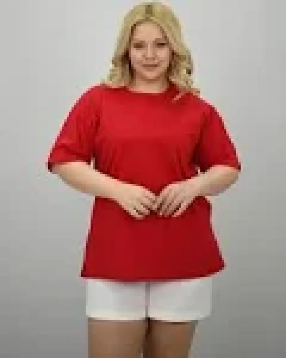 Kadın Büyük Beden Kısa Kollu Bisiklet Yaka Oversize T-Shirt 1963-25