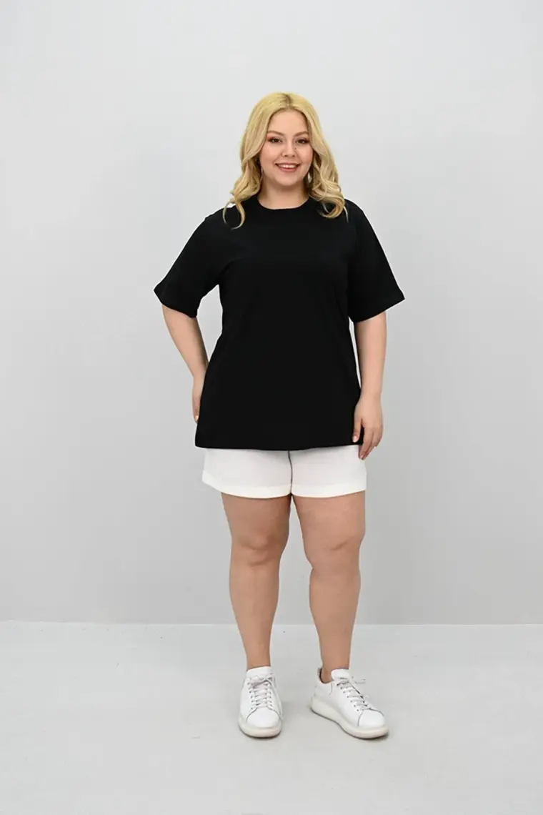 Kadın Büyük Beden Kısa Kollu Bisiklet Yaka Oversize T-Shirt 1963-25