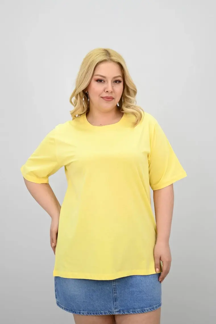 Kadın Büyük Beden Kısa Kollu Bisiklet Yaka Oversize T-Shirt 1963-25