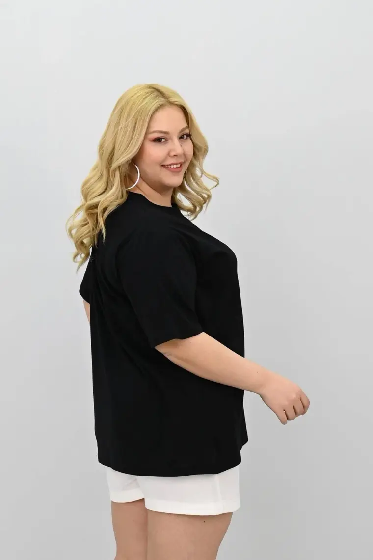 Kadın Büyük Beden Kısa Kollu Bisiklet Yaka Oversize T-Shirt 1963-25