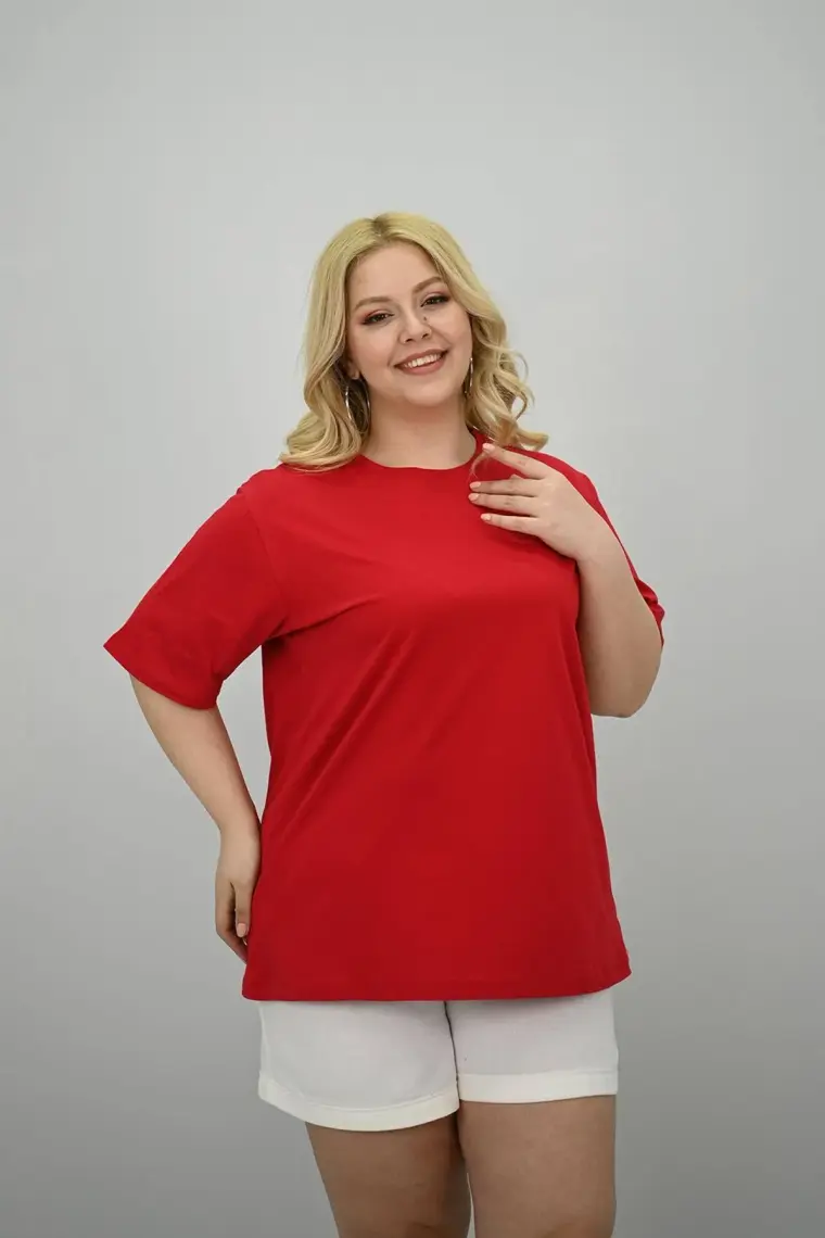 Kadın Büyük Beden Kısa Kollu Bisiklet Yaka Oversize T-Shirt 1963-25