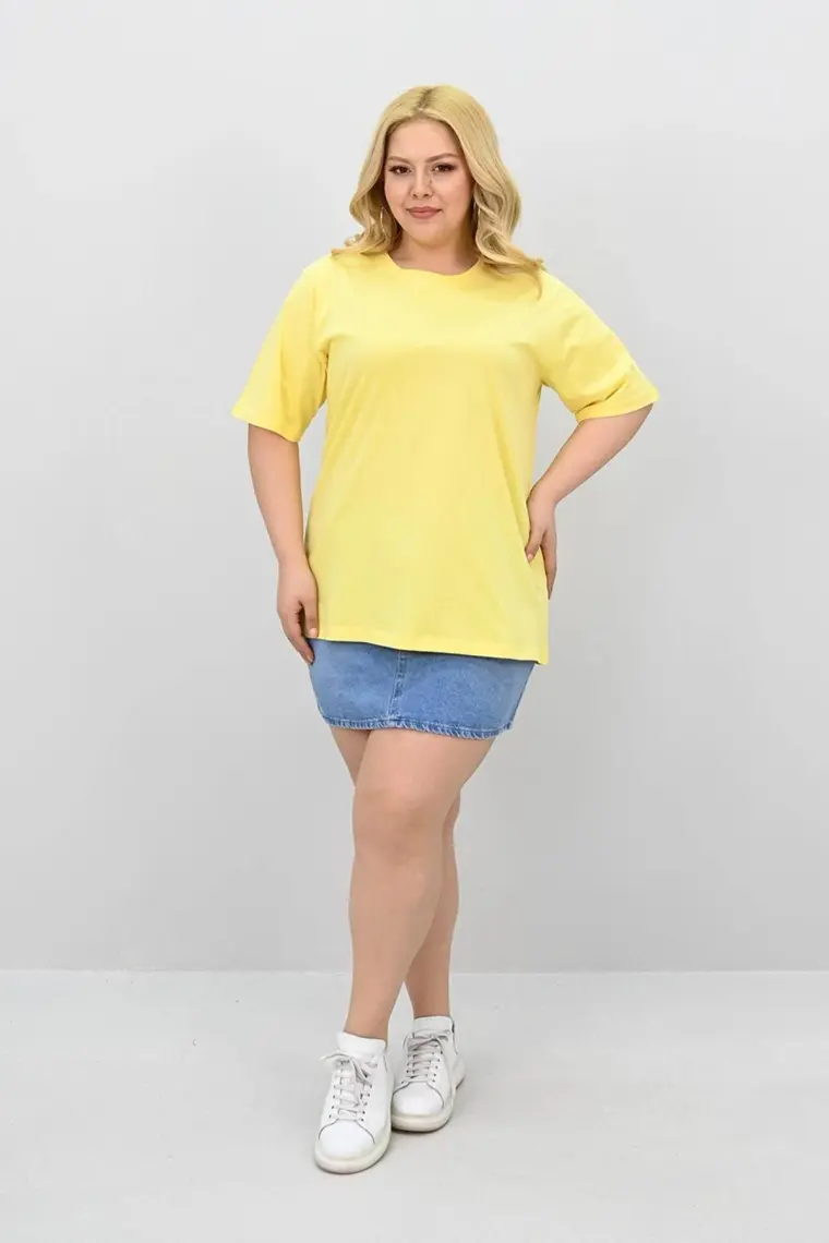 Kadın Büyük Beden Kısa Kollu Bisiklet Yaka Oversize T-Shirt 1963-25