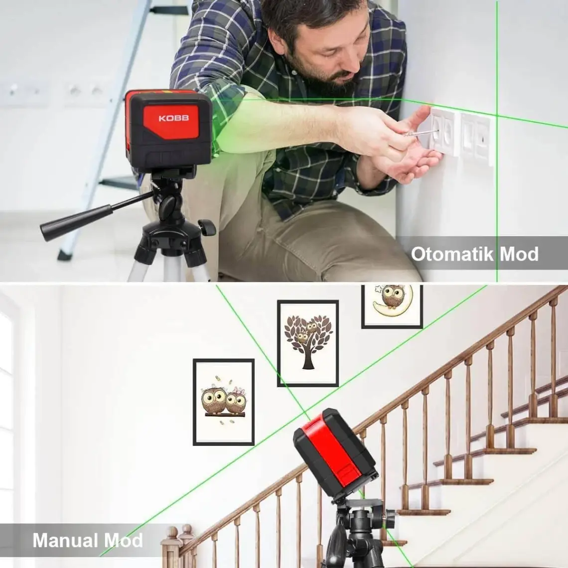 Kobb KBL92GTP 30 Metre Profesyonel Yatay ve Dikey Otomatik Hizalamalı Yeşil Çapraz Çizgi Lazer, 2 Noktalı Şakül Lazer Distomat + Mini Tripod + Tripod