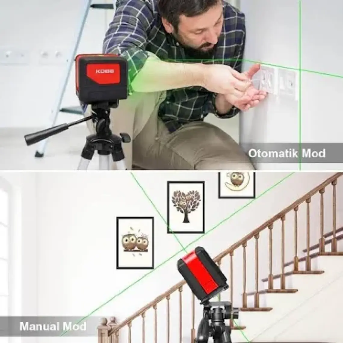 Kobb KBL92G 30 Metre Profesyonel Yatay ve Dikey Otomatik Hizalamalı Yeşil Çapraz Çizgi Lazer, 2 Noktalı Şakül Lazer Distomat + Mini Tripod
