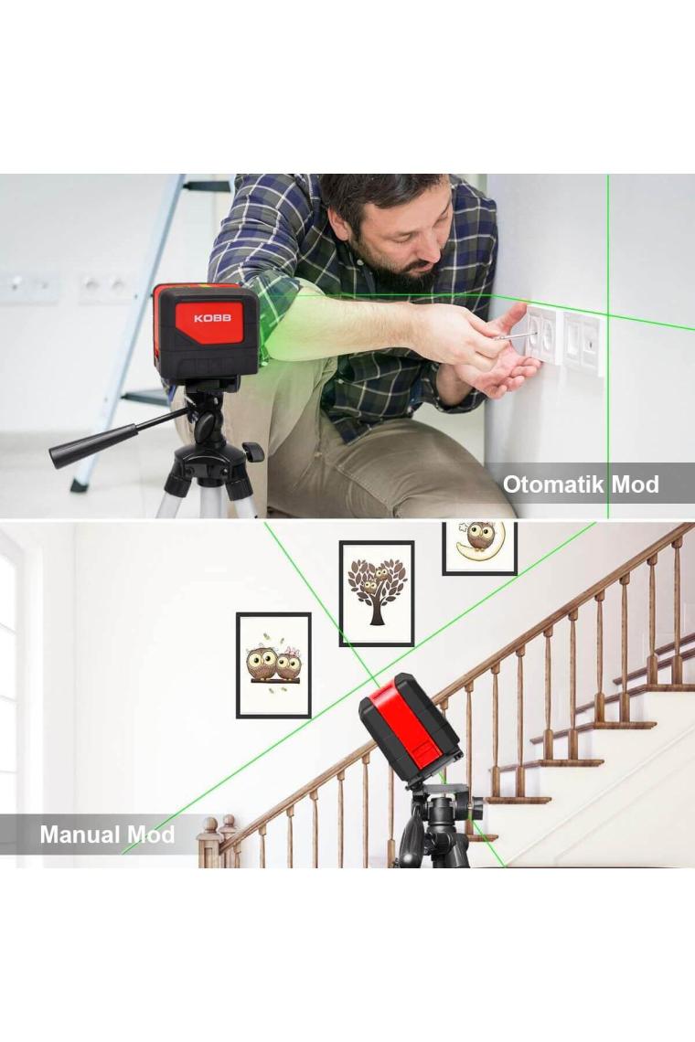Kobb KBL92GTP 30 Metre Profesyonel Yatay ve Dikey Otomatik Hizalamalı Yeşil Çapraz Çizgi Lazer, 2 Noktalı Şakül Lazer Distomat + Mini Tripod + Tripod