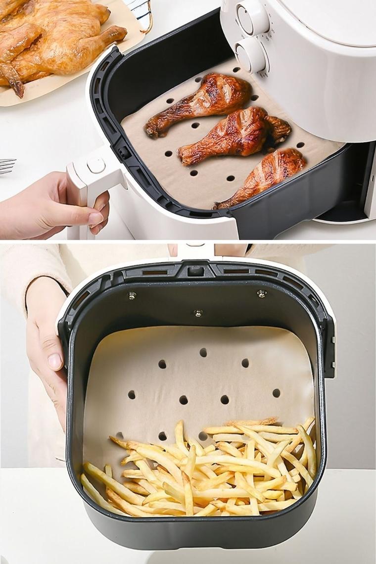 100 Adet  Pişirme Kağıdı Tek Kullanımlık Yağ Geçirmez Kağıt Kare Delikli Model Airfryer Xxl
