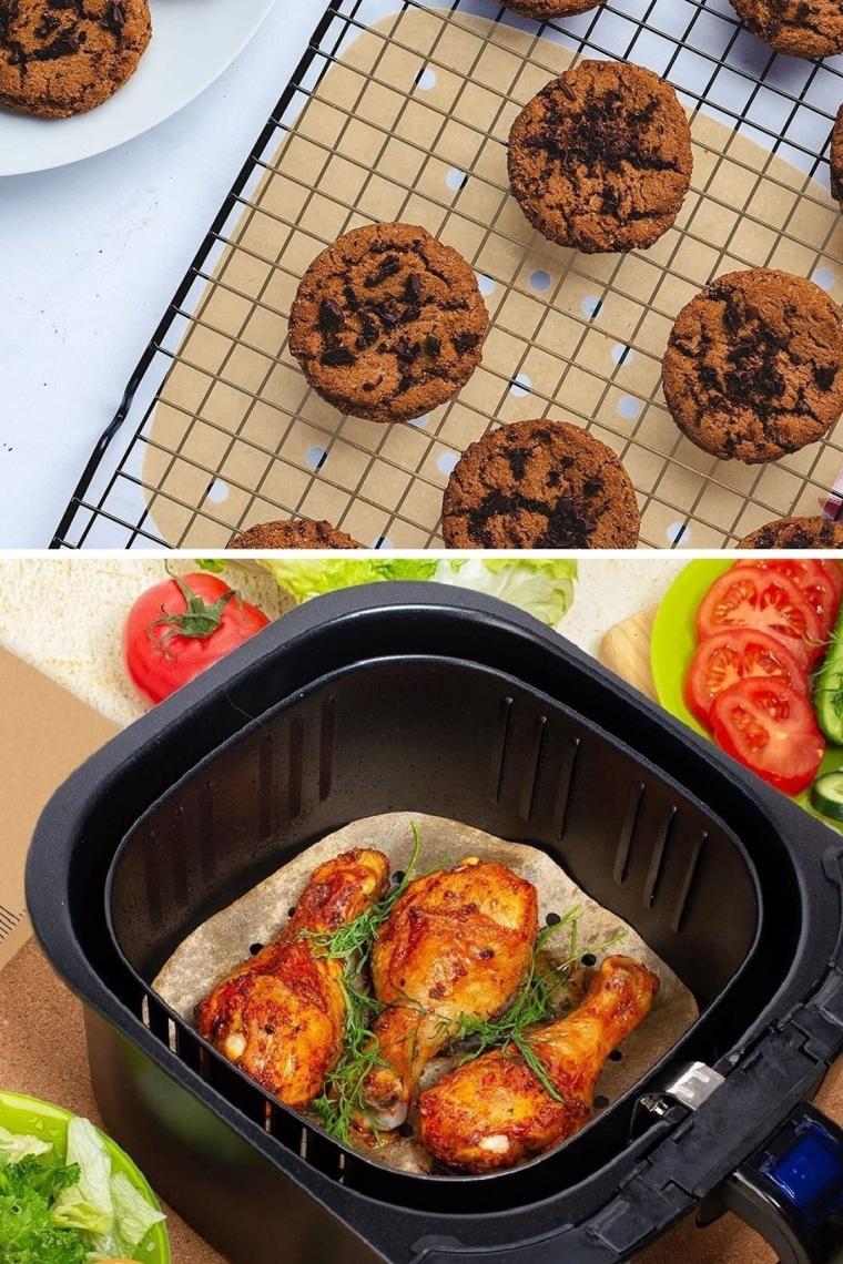 100 Adet  Pişirme Kağıdı Tek Kullanımlık Yağ Geçirmez Kağıt Kare Delikli Model Airfryer Xxl