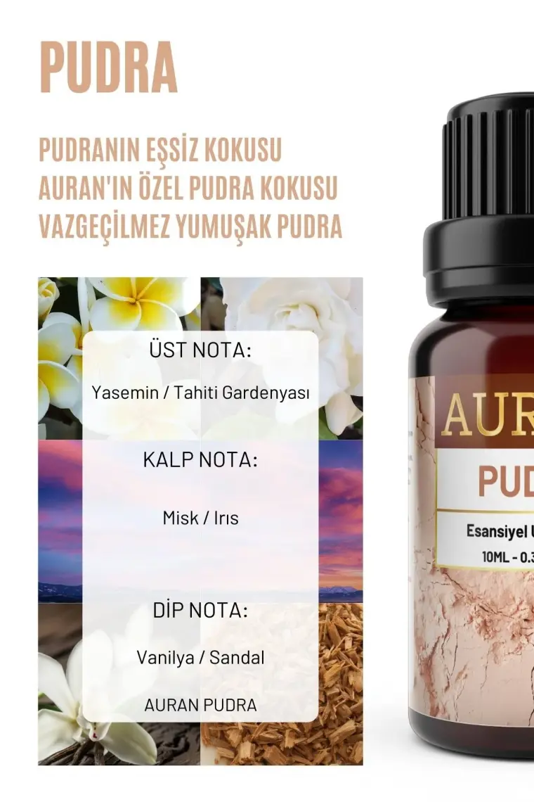 Auran Pudra Esansiyel Uçucu Koku Yağı Buhurdanlık Yağı Difüzör Esansı Hobi Esans Ortam Oda Kokusu 10ml