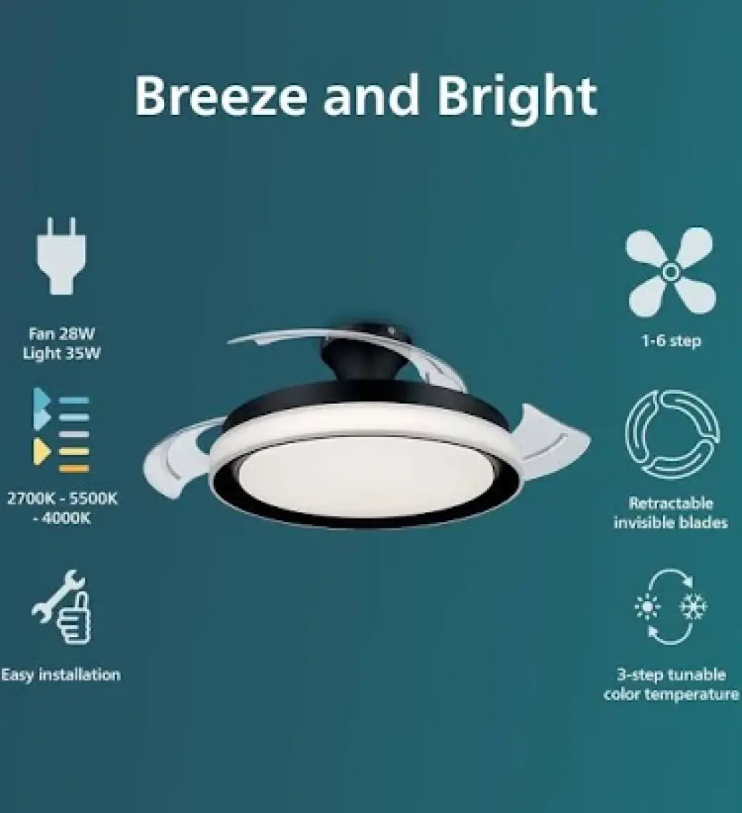 Philips Bliss Tavan Vantilatörü Açılır/kapanır Kanatlı, Kumandalı, Sarı/beyaz Işık, Siyah Renk, 28W+35W