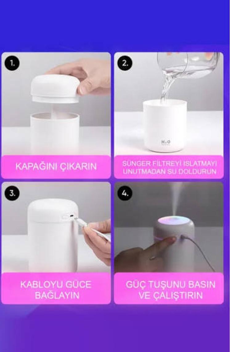 DEMPOWER H2O Humidifier Hava-Oda- Araç Nemlendirici LED Işıklı Buhar Makinesi Beyaz