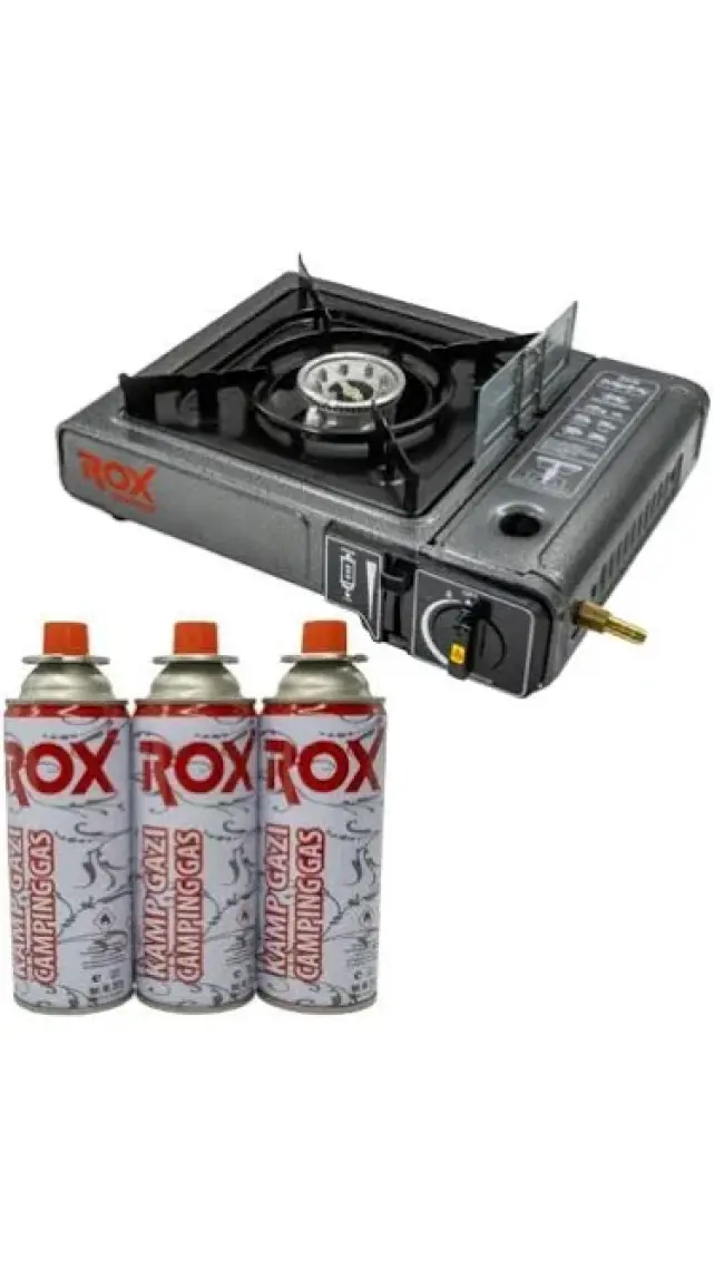 Rox Camping 0103 Tekli Portatif Kamp Ocak(Ekstra Gaz Girişli) - 3 Adet Rox Valfli Kamp Gazı Kartuş 227GR
