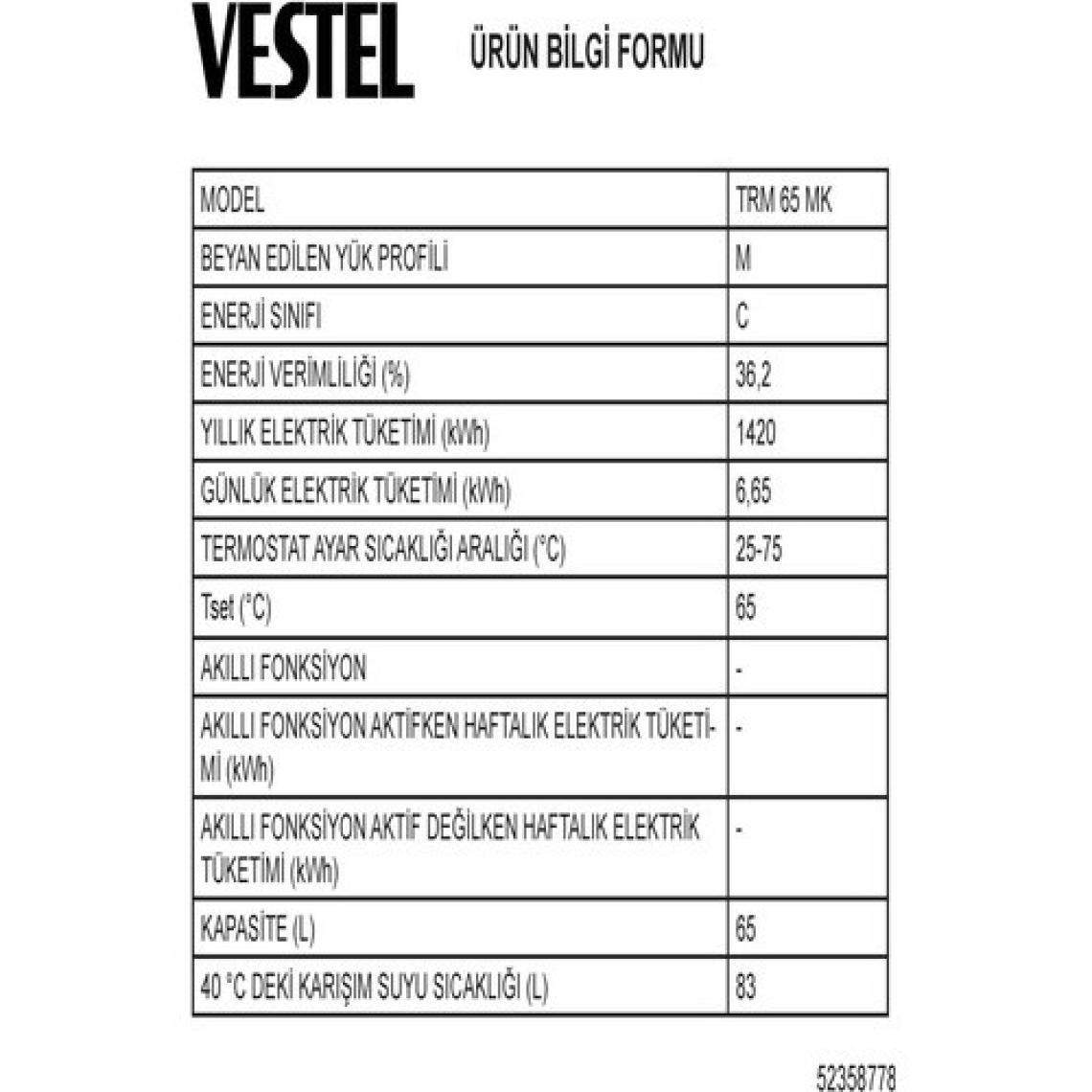 Vestel TRM 65 MK Termosifon