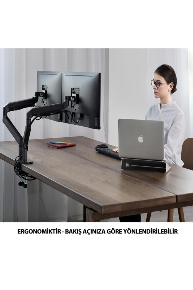 STD7080G 10"-27" Alüminyum Amortisörlü VESA Monitör Tutucu Çift Kol Koyu Gri