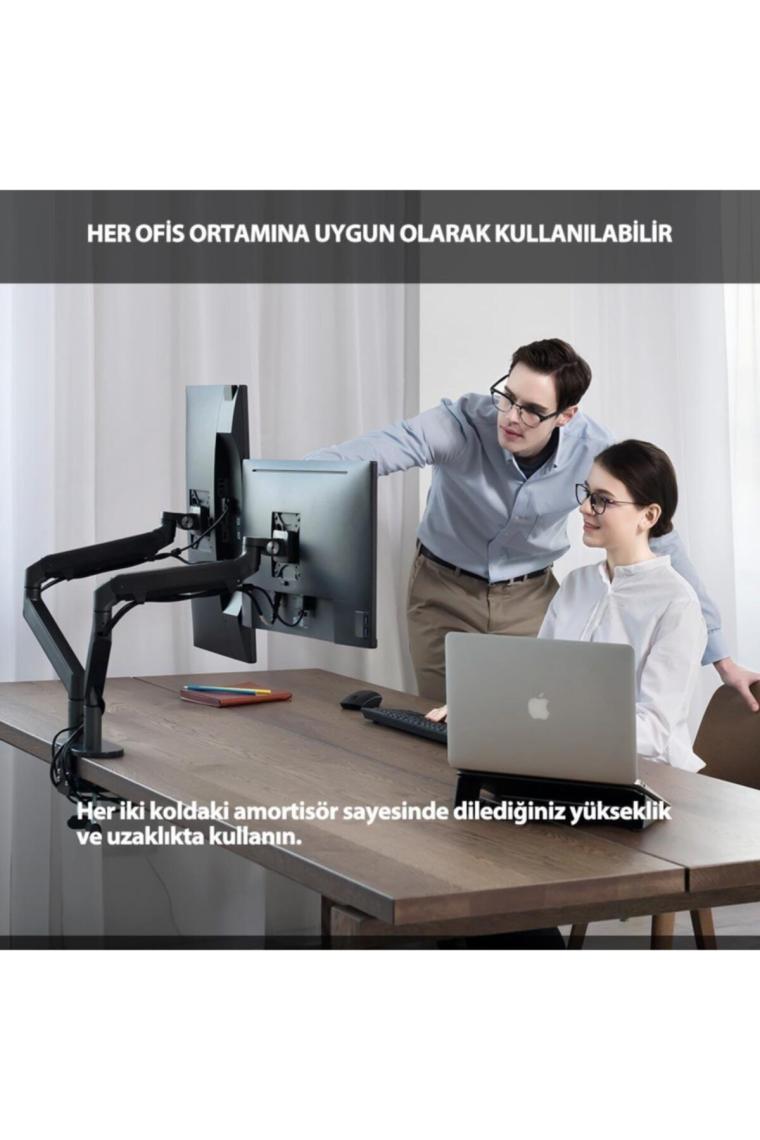 STD7080G 10"-27" Alüminyum Amortisörlü VESA Monitör Tutucu Çift Kol Koyu Gri