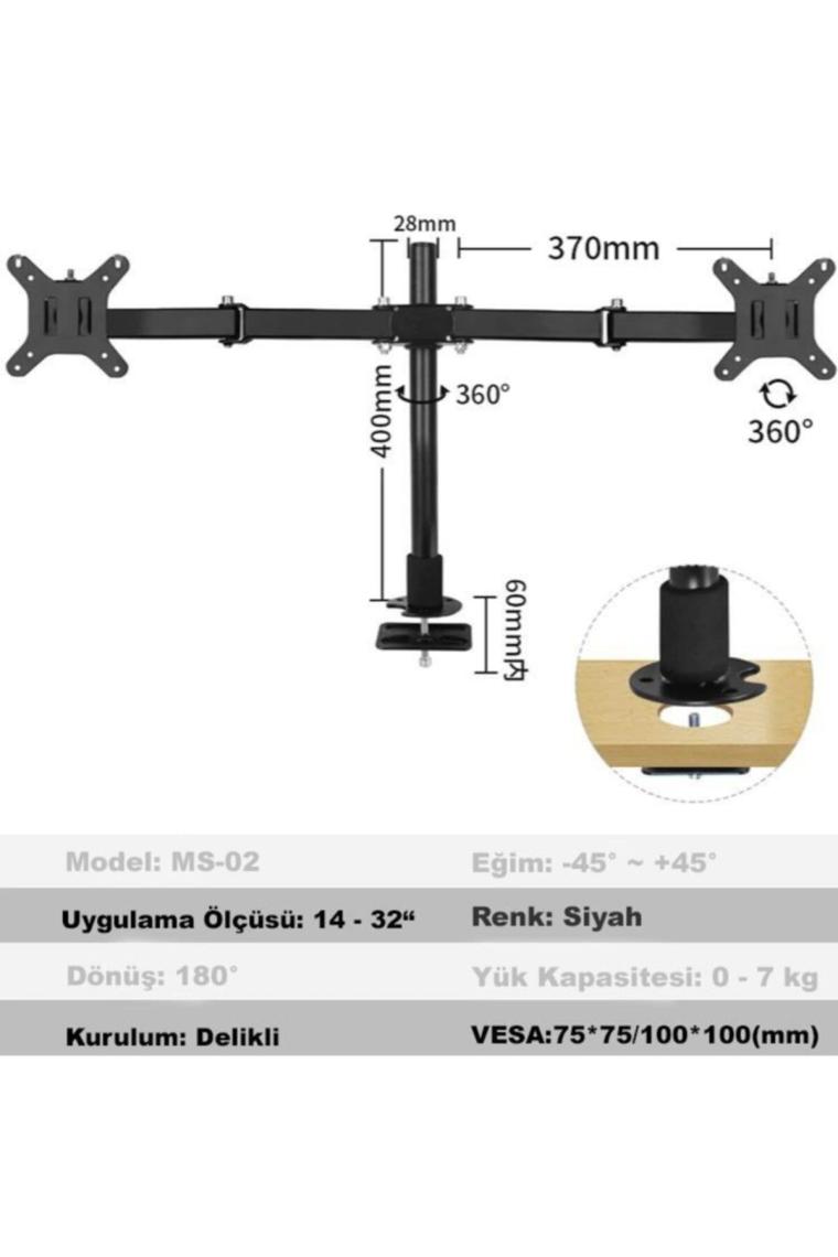 Masaüstü Ayarlanabilir 14-32” Çift Kol Monitör Tutucu