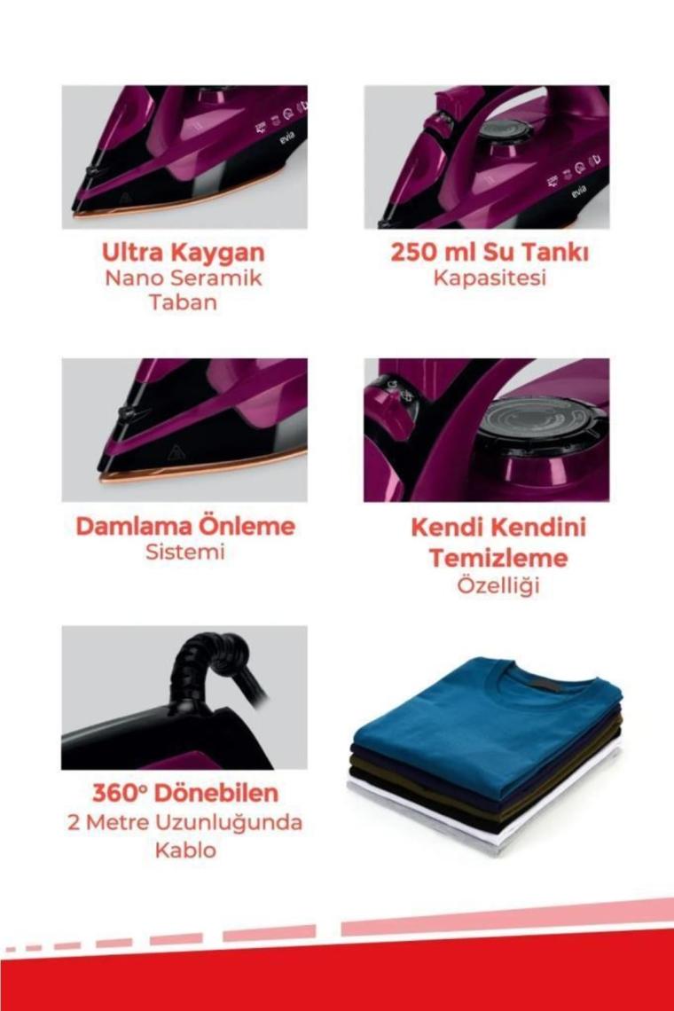 Jett 2200 Watt Seramik Tabanlı 160 Gr Etkili Şok Buharlı Ütü Siyah Mor