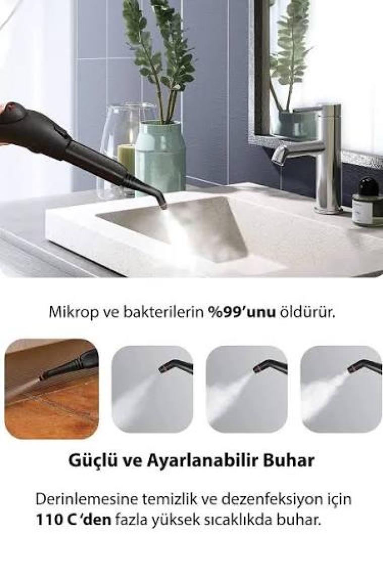 Buharlı Temizlik Makinesi 1400W | Koltuk, Cam, Fayans Temizleyici -1.5 L Tank, 3,5 Bar, 13 Başlık