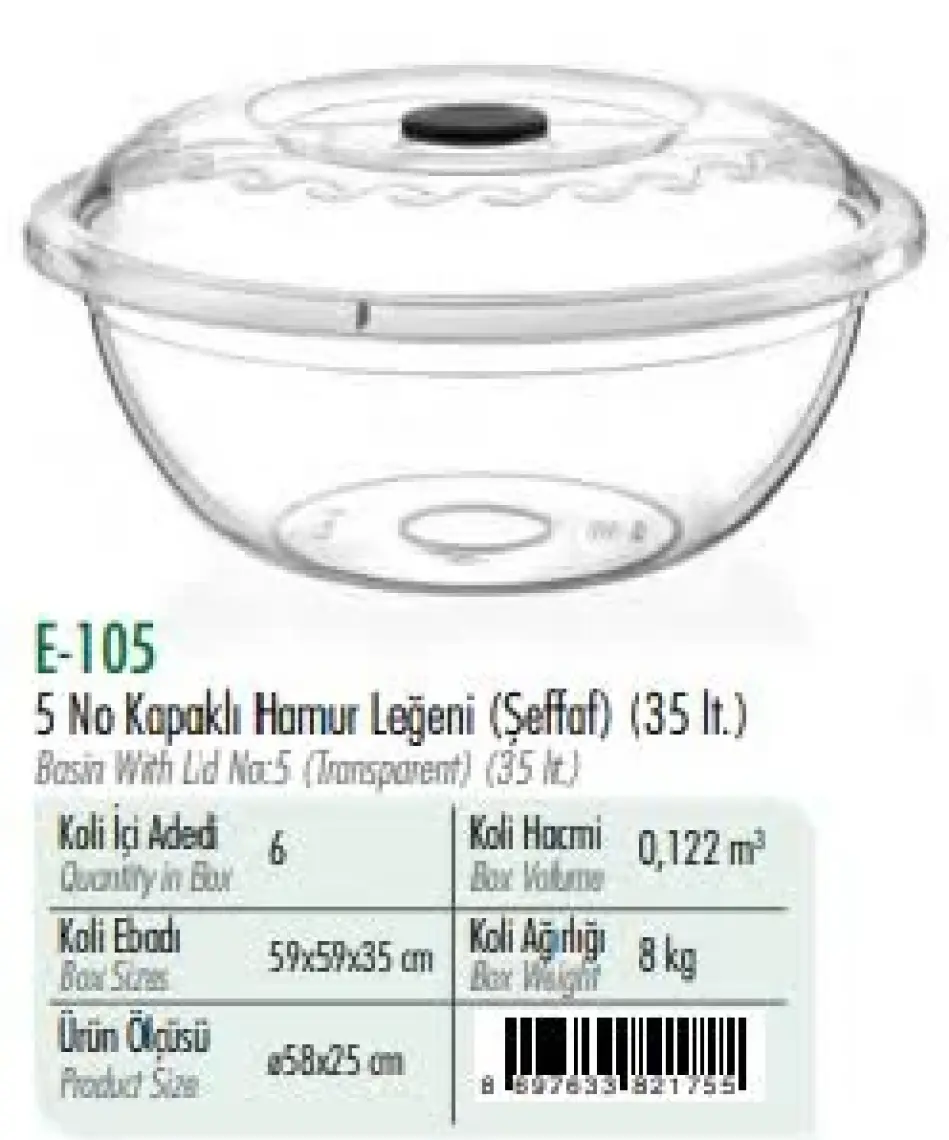 Poly Time Kapaklı Şeffaf Hamur Leğeni 35 lt