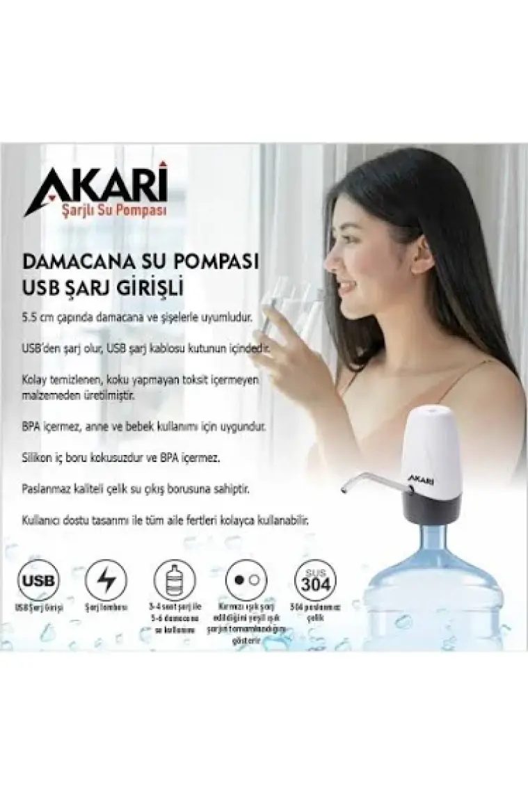 Crest Akari Şarjlı Su Pompası (Usb Şarj Grişi-Şarj Lambası-Paslanmaz Çelik)