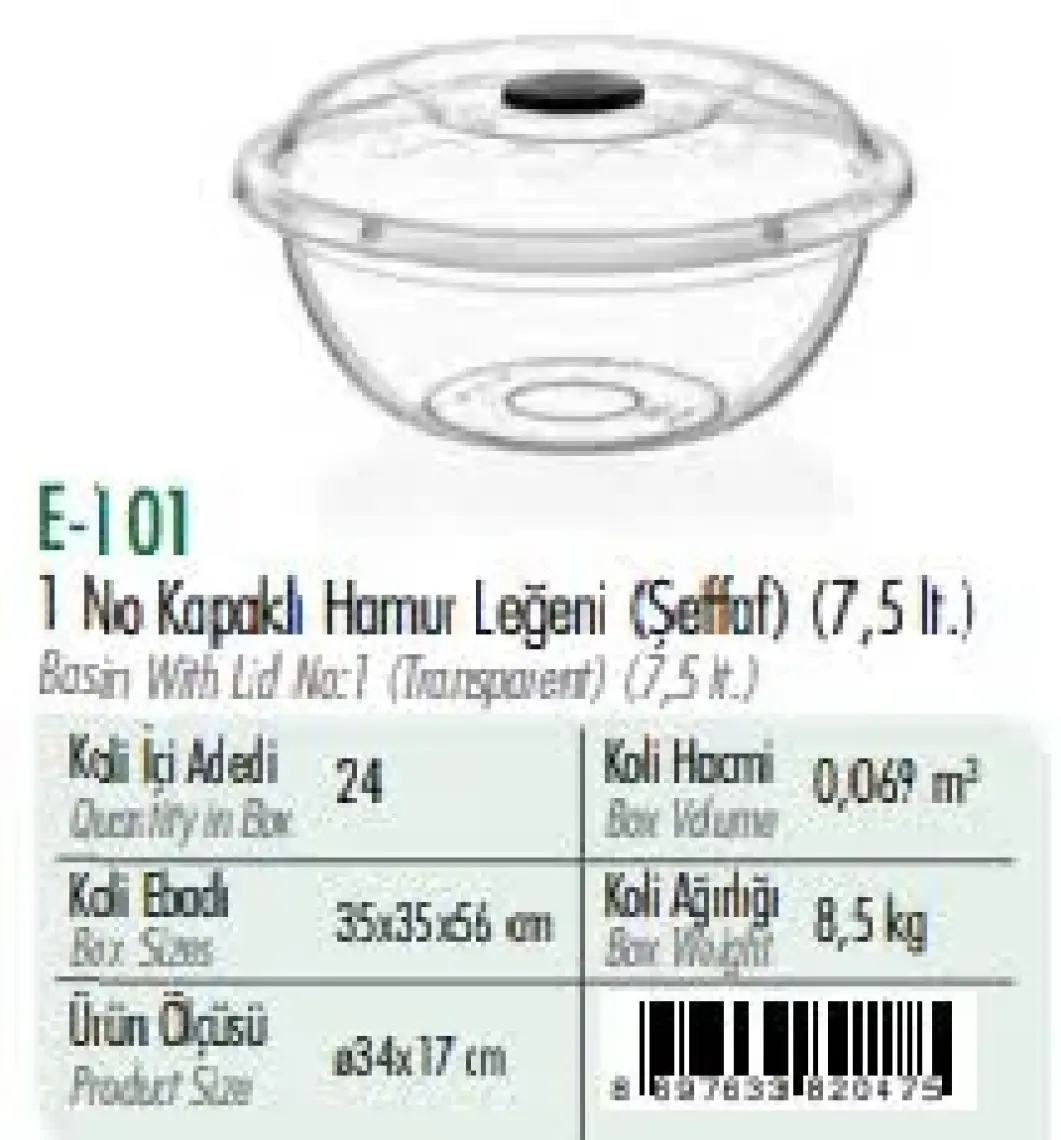 Poly Time Kapaklı Hamur Leğeni̇ Şeffaf 7,5 lt