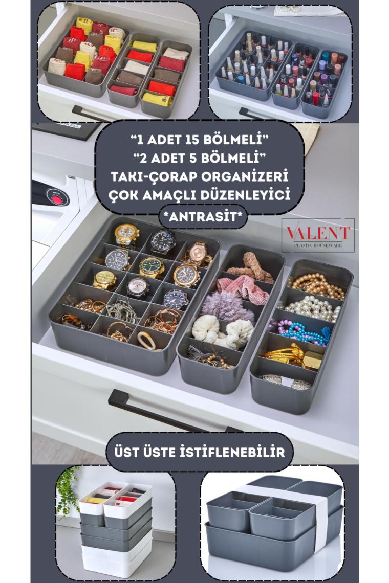 Sese Orgaset 3lü Dolap Çekmece Düzenleyici Antrasit Renk (SP-331)
