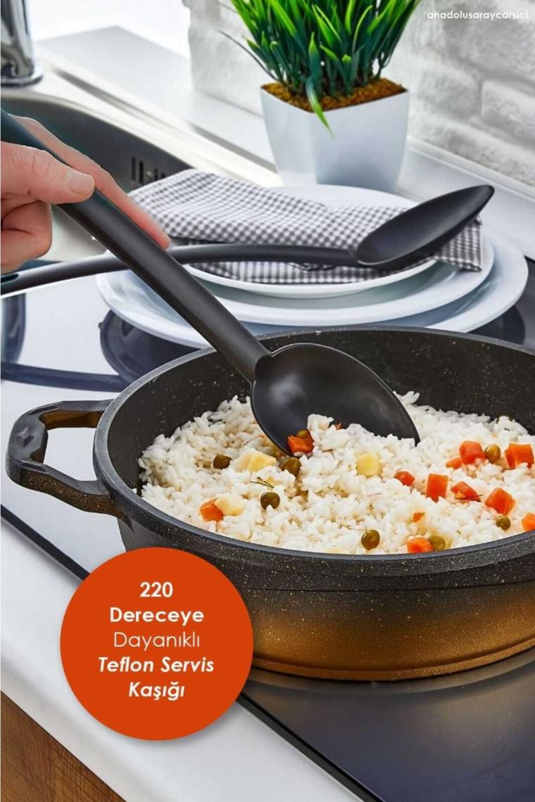 1 Adet Pratik Yanmaz Yapışmaz Teflon Kaşık- 220 Dereceye Dayanıklı Teflon Servis Kaşık