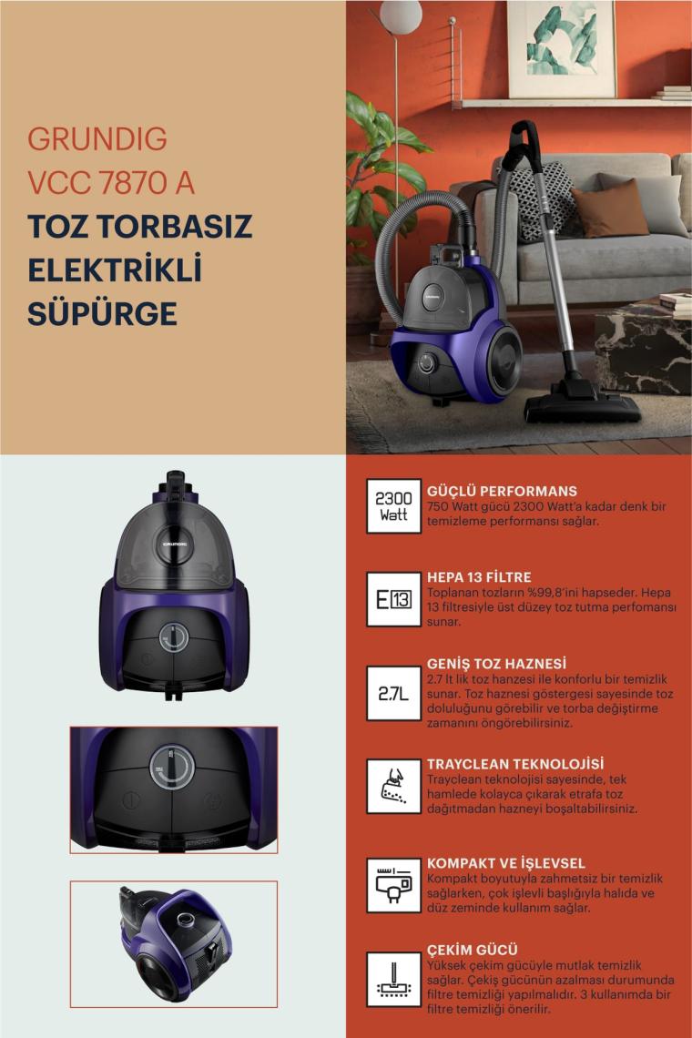 Hepa Filtreli Toz Torbasız Elektrikli Süpürge Vcc 7870