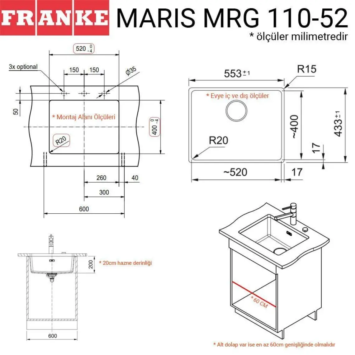 Franke Maris Mrg 210/110-52 Granit Nero Siyah Tezgah Altı Eviye