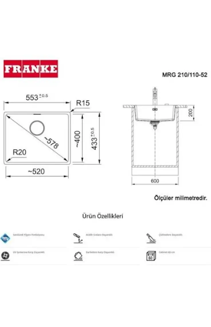Franke Maris Mrg 210/110-52 Granit Nero Siyah Tezgah Altı Eviye