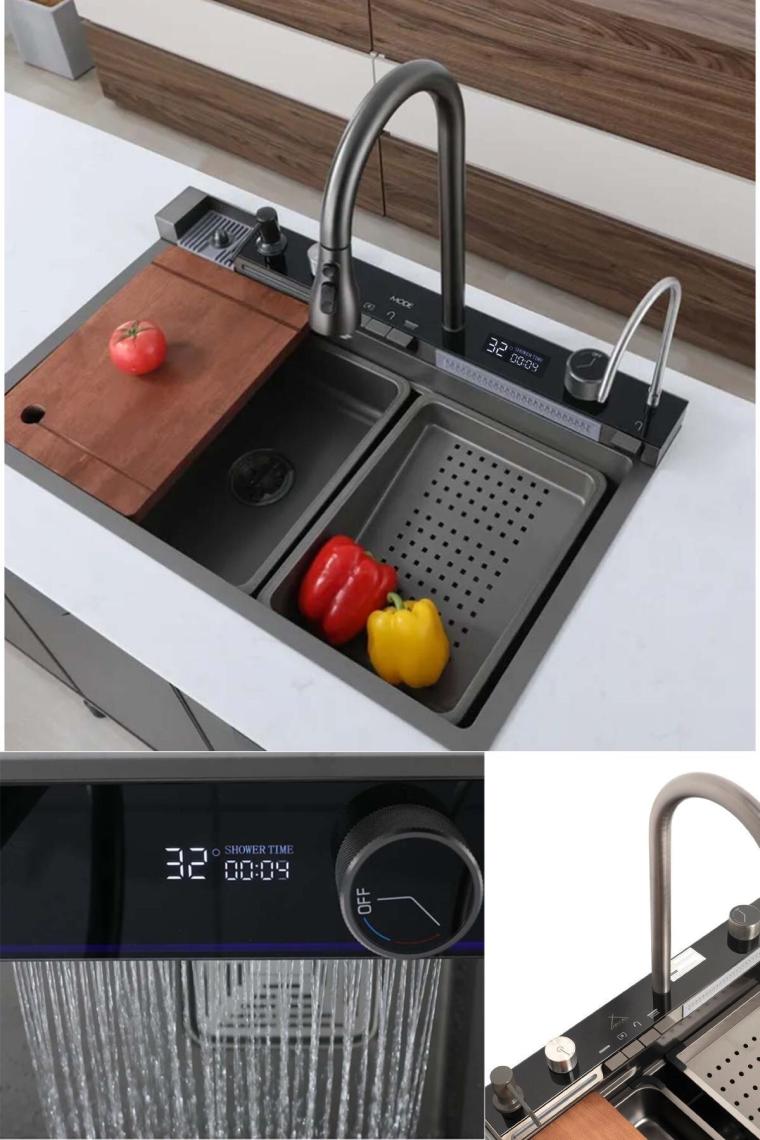 Deko Turkey Mıa 304 Paslanmaz Çelik Çok Fonksiyonlu Akıllı Dijital Ekran Mutfak Lavabosu Şelale Evye Full Set
