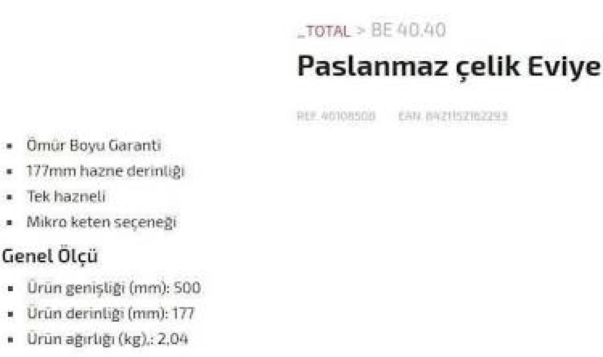 Teka Be 40.40 paslanmaz çelik Evye, Tezgah Altı, 1 Göz