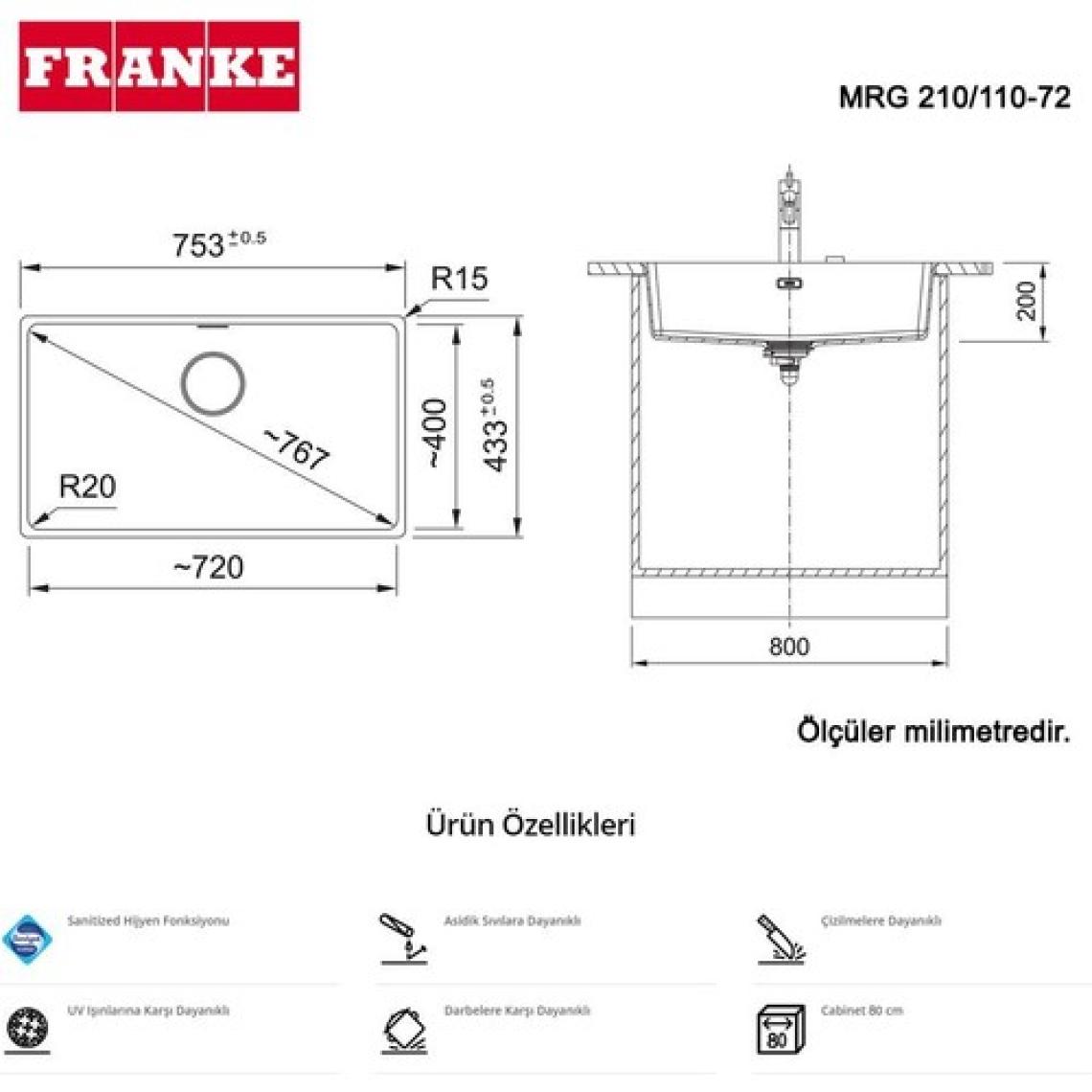 Franke Mrg 210 / 110-72 Granit Evye, Tezgah Altı, Stone Grey Renk