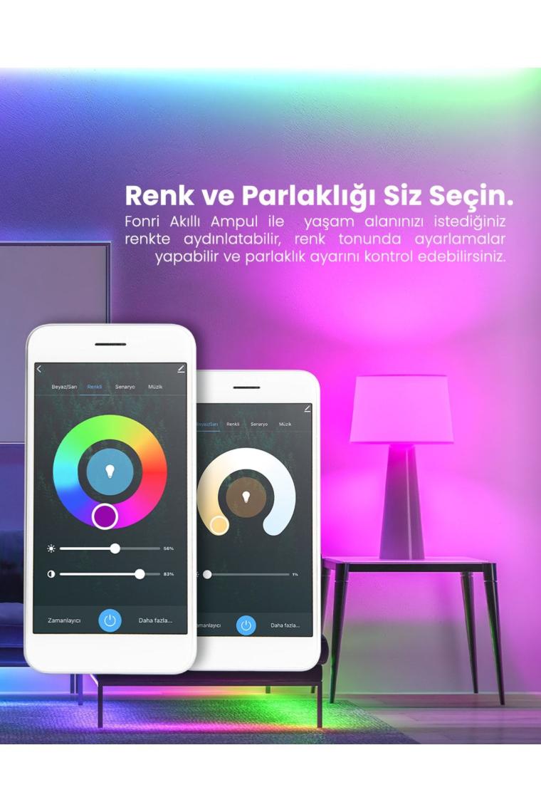 Fonri Akıllı Led Ampul (16.7 Milyon Renk) ve Kablosuz Kapı Pencere Sensörü Seti, Wifi Uzaktan Takip, 2 Yıl Garantili, Tuya Destekli