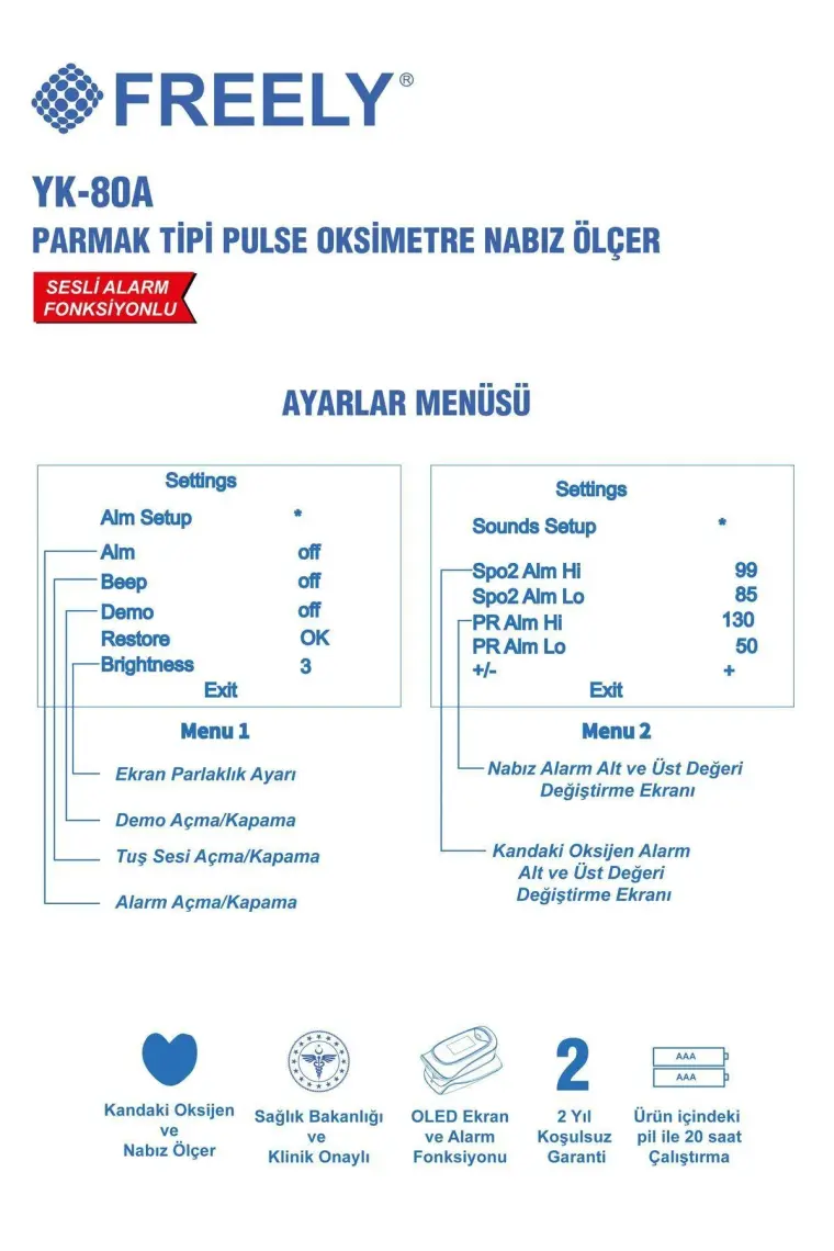 Freely Parmak Tipi Dalgalı Pulseoximetre Yk-80a