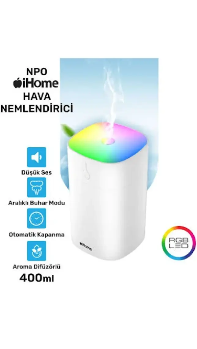 Npo Ihome 400ML Rgb Renkli Aromaterapi Difüzör ve Ultrasonik Hava Nemlendirici buhar makinesi