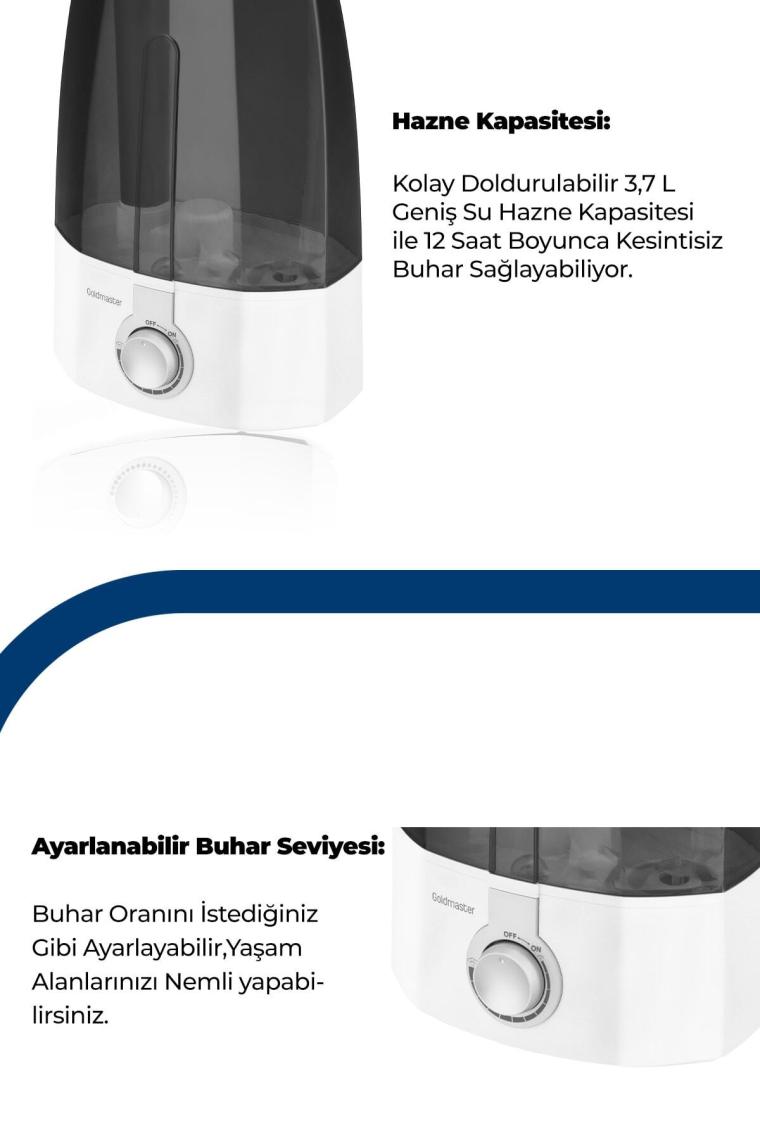 Nemo Ultrasonik Sessiz 3,7l Su Tankı 12 Saat Kesintisiz Buhar Veren Hava Nemlendirme Cihazı