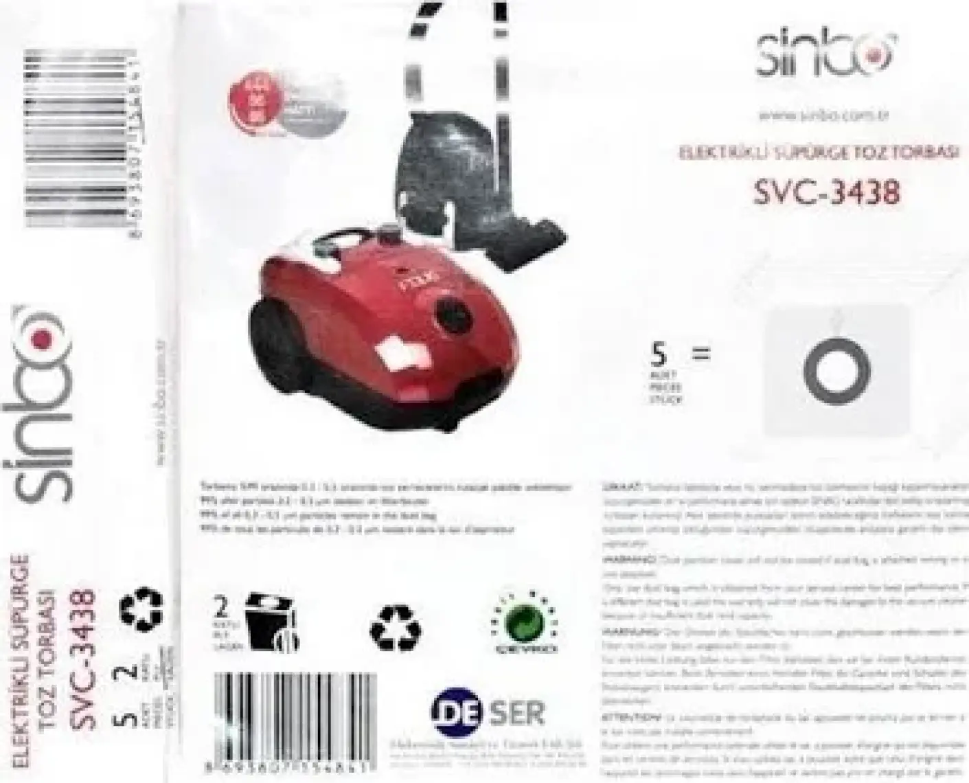 Sinbo Svc-3438 Elektrikli Süpürgeye Uyumlu Toz Torbası
