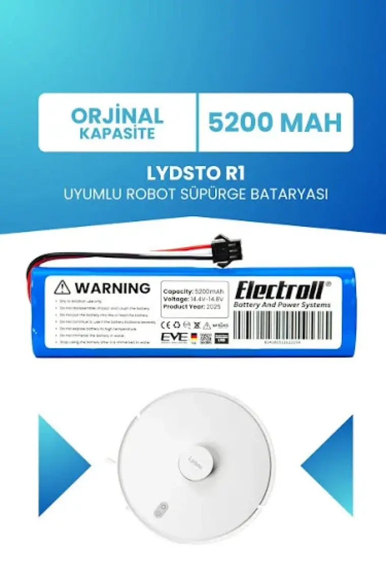 Electroll Lydsto R1 Vacuum Uyumlu Batarya (Orjinal Kapasite) 14.4V 5200MAH Pil Robot Süpürge Bataryası Değişim