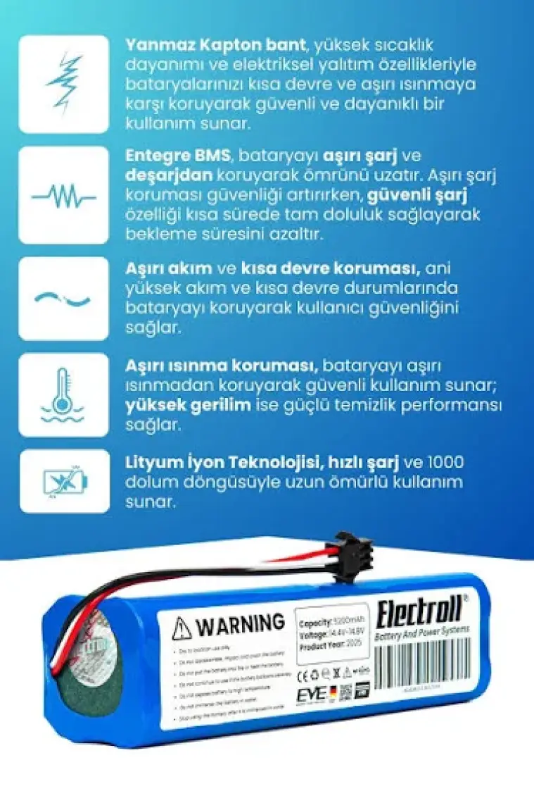 Electroll Lydsto R1 Vacuum Uyumlu Batarya (Orjinal Kapasite) 14.4V 5200MAH Pil Robot Süpürge Bataryası Değişim