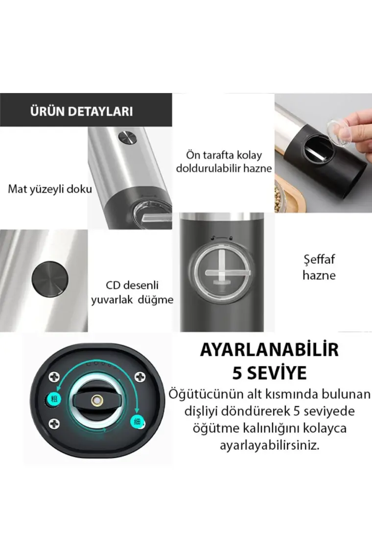 Ezere Elektrikli Baharat Tuz ve Karabiber Değirmeni Öğütücü