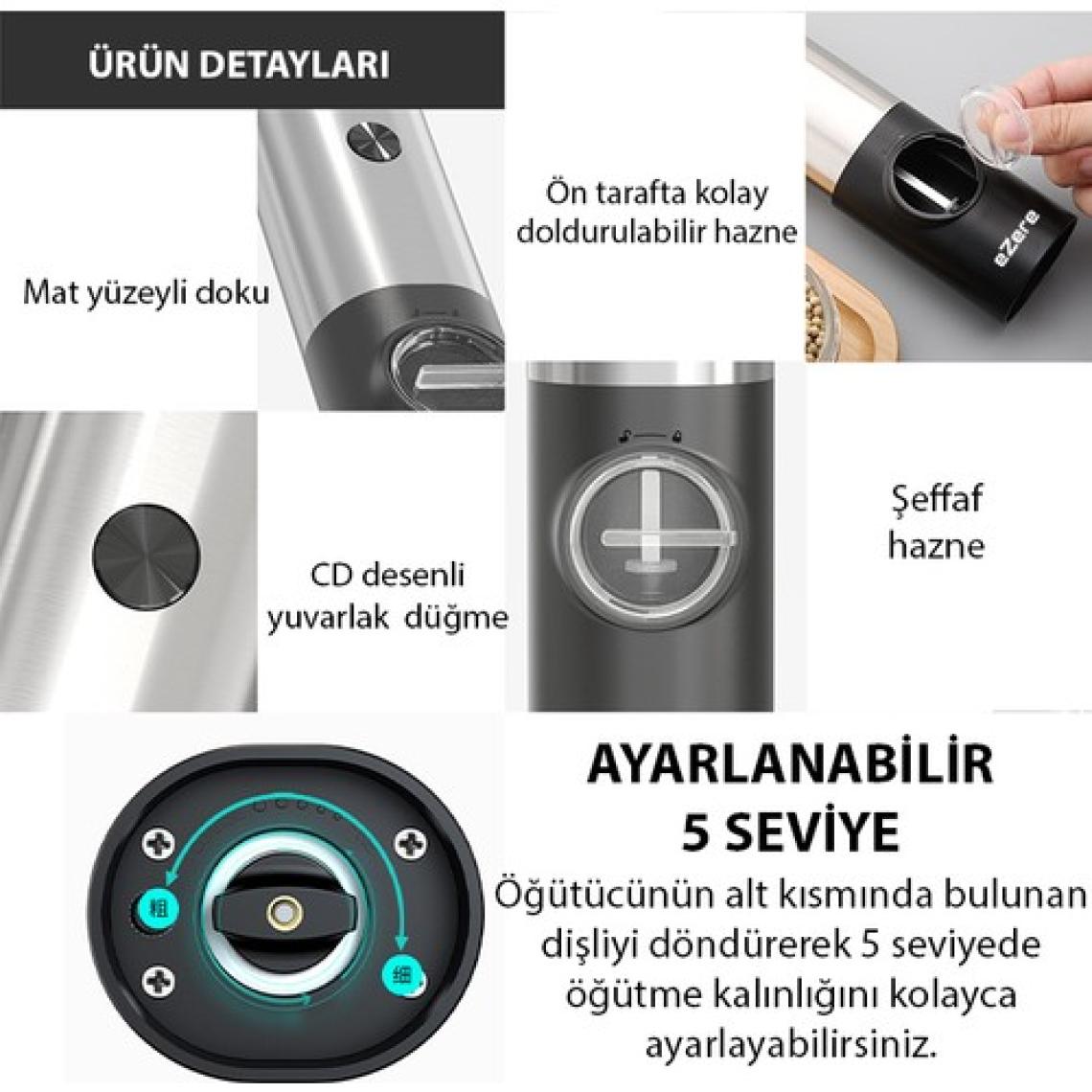 Ezere Elektrikli Baharat Tuz ve Karabiber Değirmeni Öğütücü