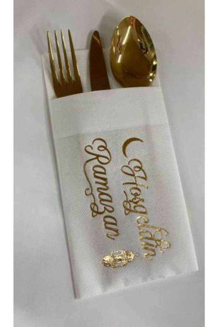 Gold Yaldızlı Beyaz Hoş Geldin Ramazan Cepli Aır Touch Peçete 12 Lı 40x40